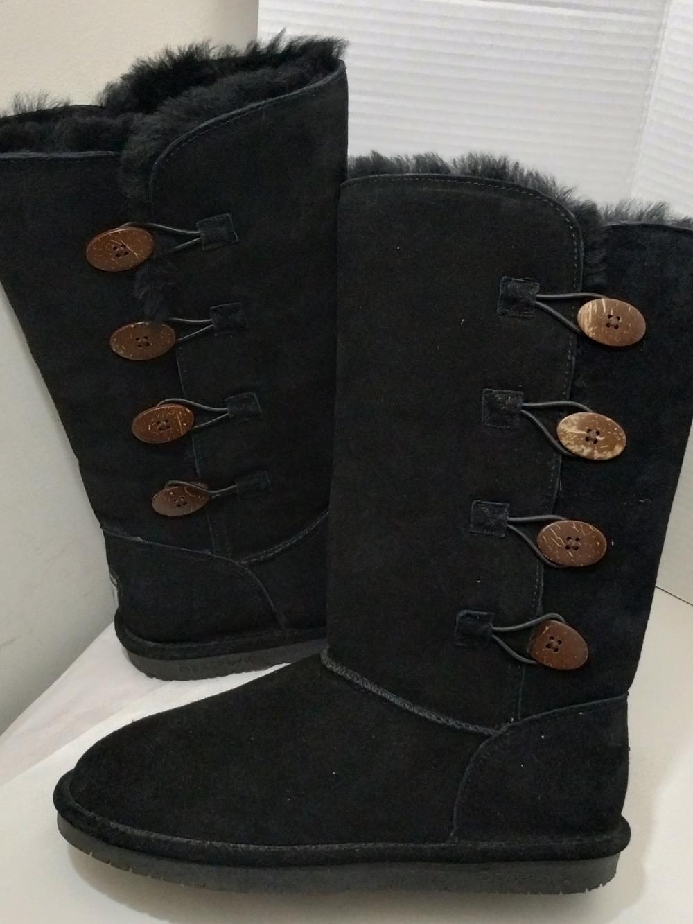 BearPaw Lori Black Tall Suede Boots With Coconut Shell Toggle Closure
